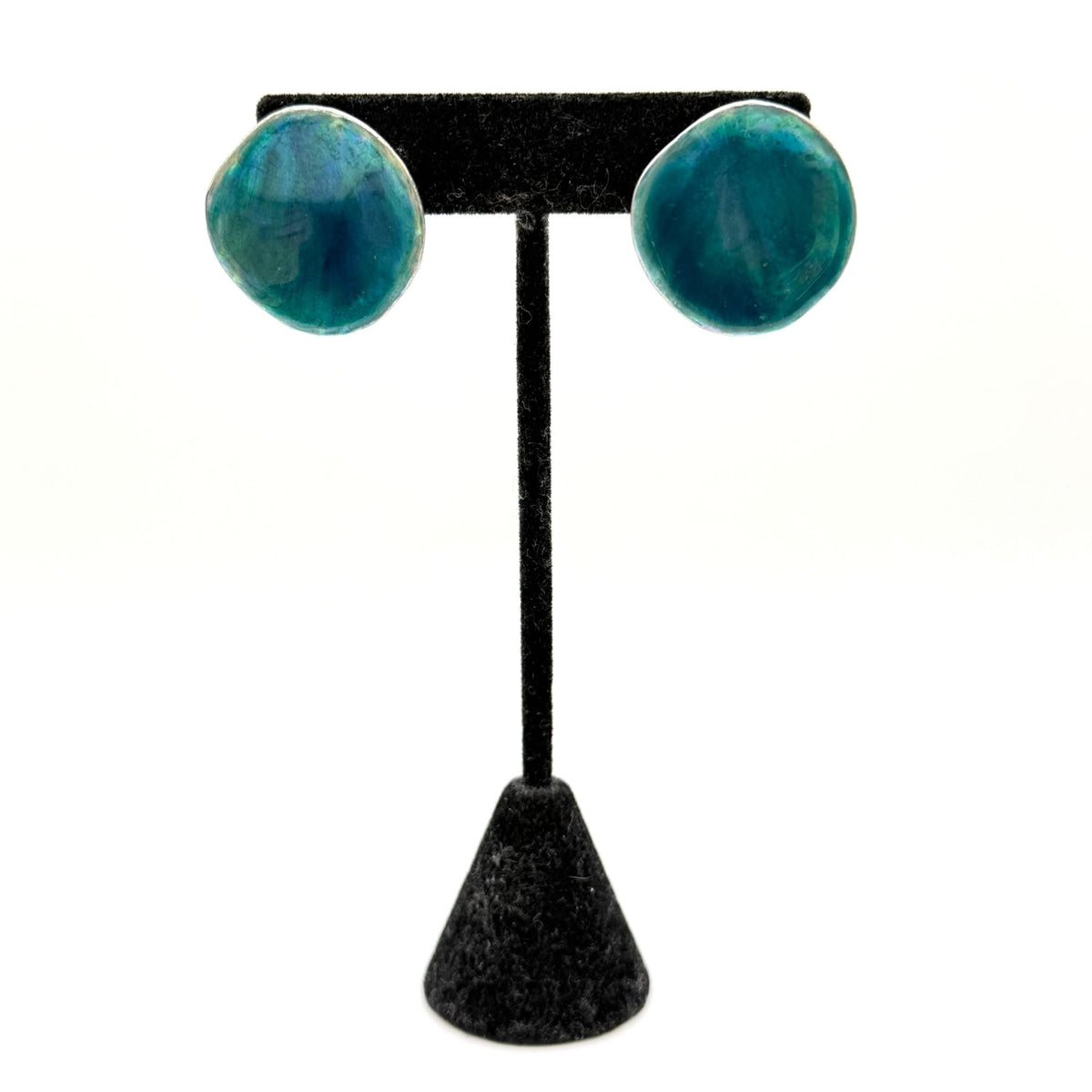 Vintage Chicos Silver Tone & Aqua Blue Enamel Pierced Stud Earrings
