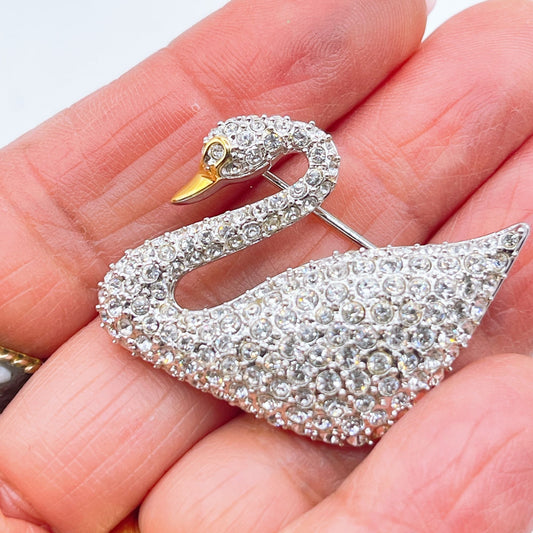 Swarovski Swan Shaped Brooch Pin With Gold Tone Beak