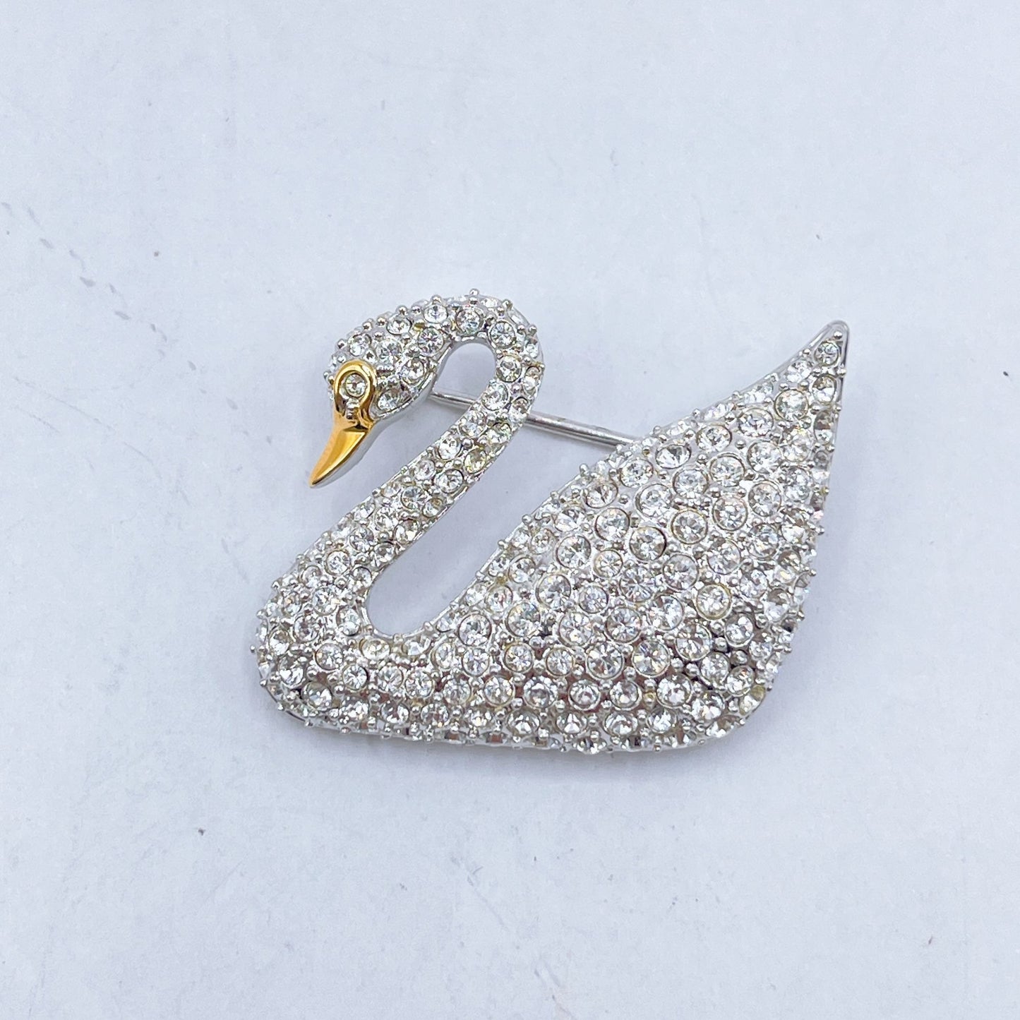Swarovski Swan Shaped Brooch Pin With Gold Tone Beak