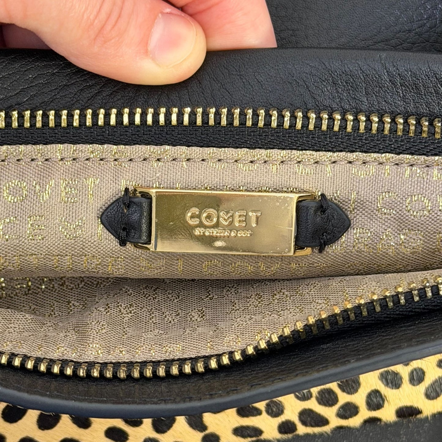 Covet Stella & Dot Animal Print Black Leather Crossbody Bag With Adjustable Strap