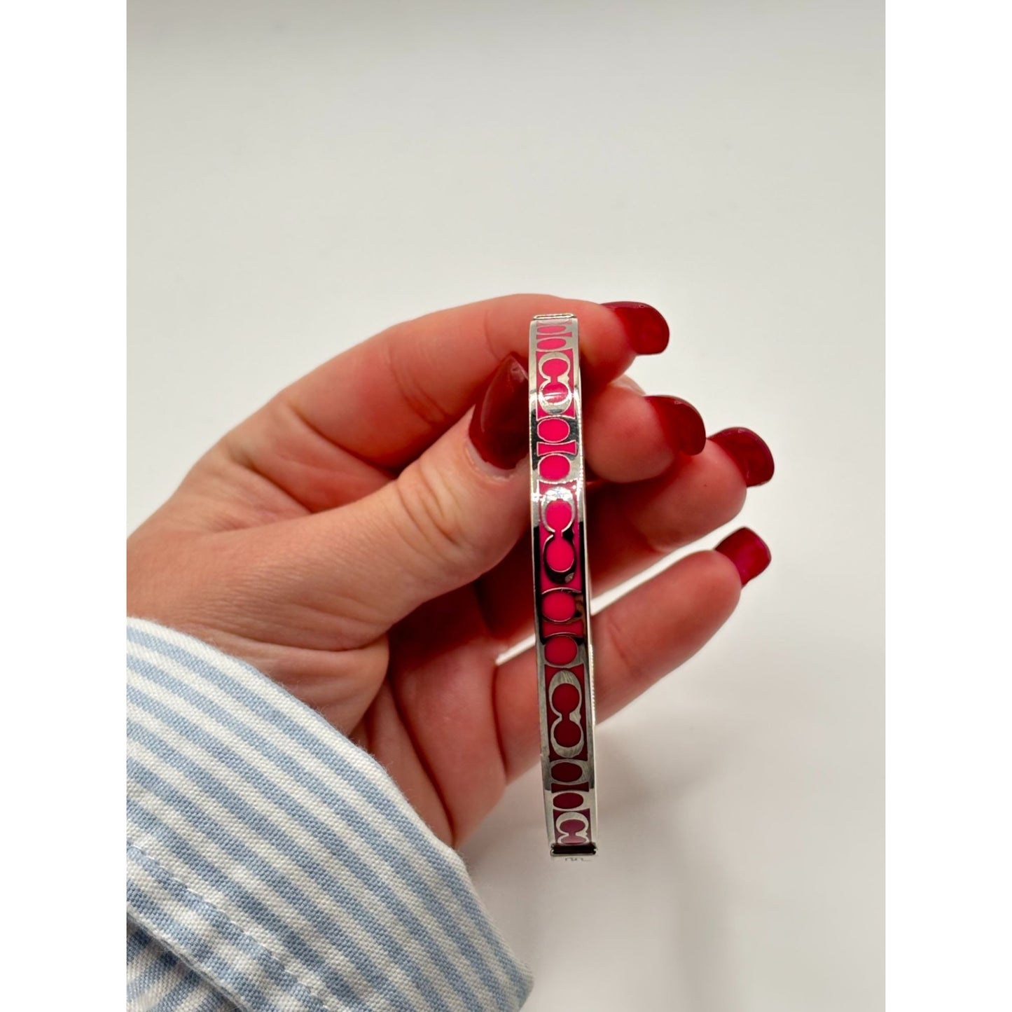 Coach Pink Enamel Signature Print Silver-Tone Bangle Bracelet