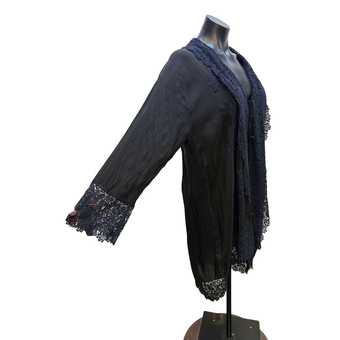 Johnny Was Black Open Front Kimono Cardigan w/Embroidery and lace