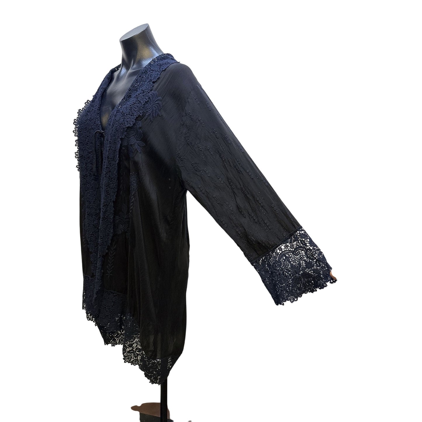 Johnny Was Black Open Front Kimono Cardigan w/Embroidery and lace