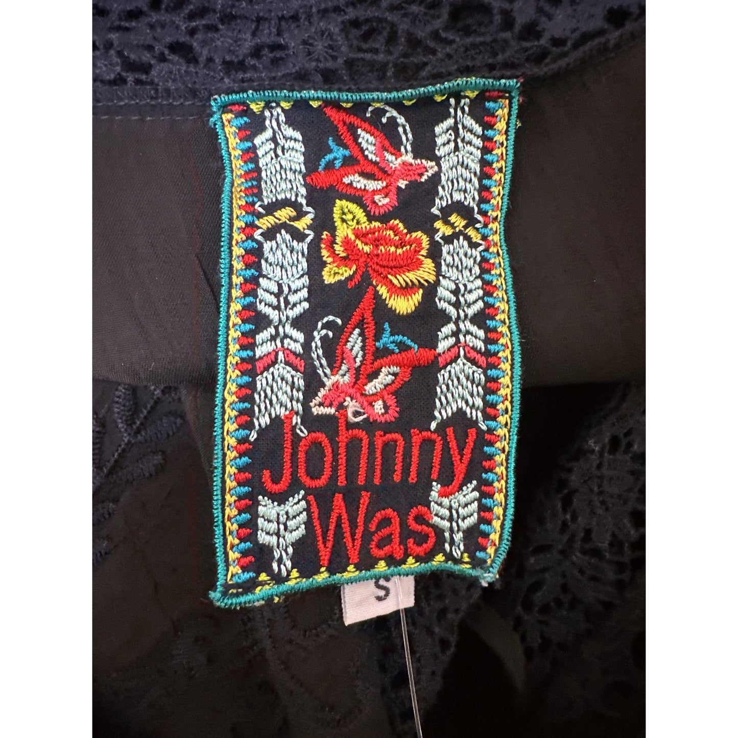 Johnny Was Black Open Front Kimono Cardigan w/Embroidery and lace