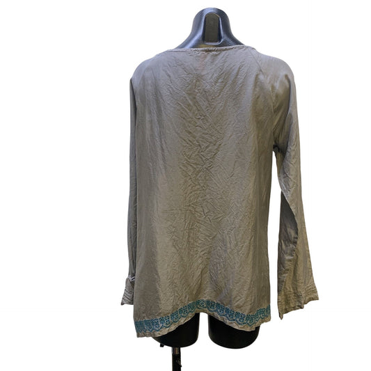 Johnny Was Grey & Multicolored Print Silk Blouse, Size Small