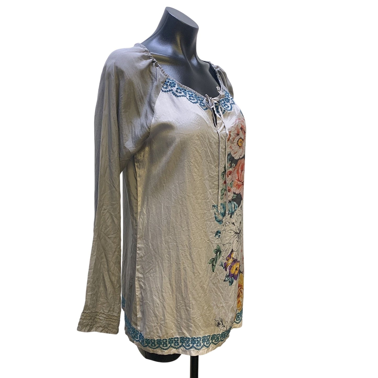 Johnny Was Grey & Multicolored Print Silk Blouse, Size Small