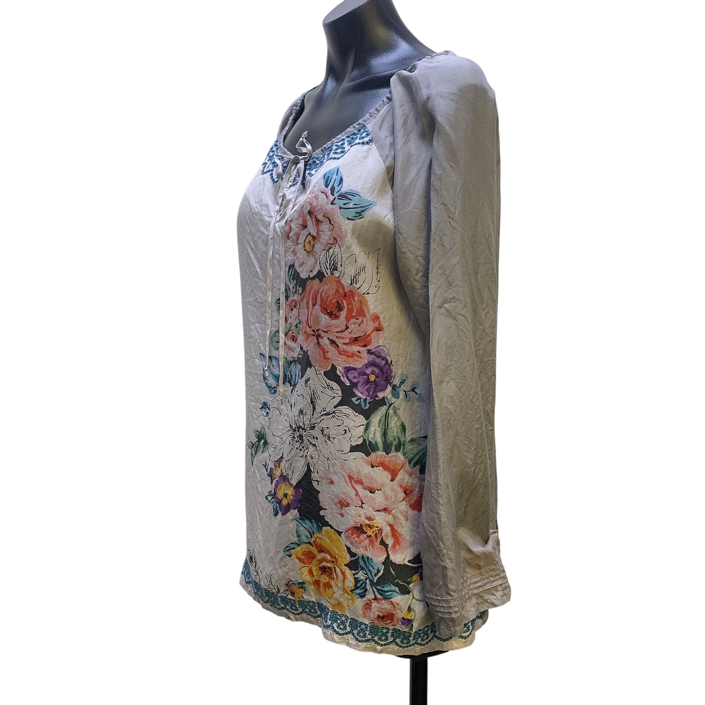 Johnny Was Grey & Multicolored Print Silk Blouse, Size Small