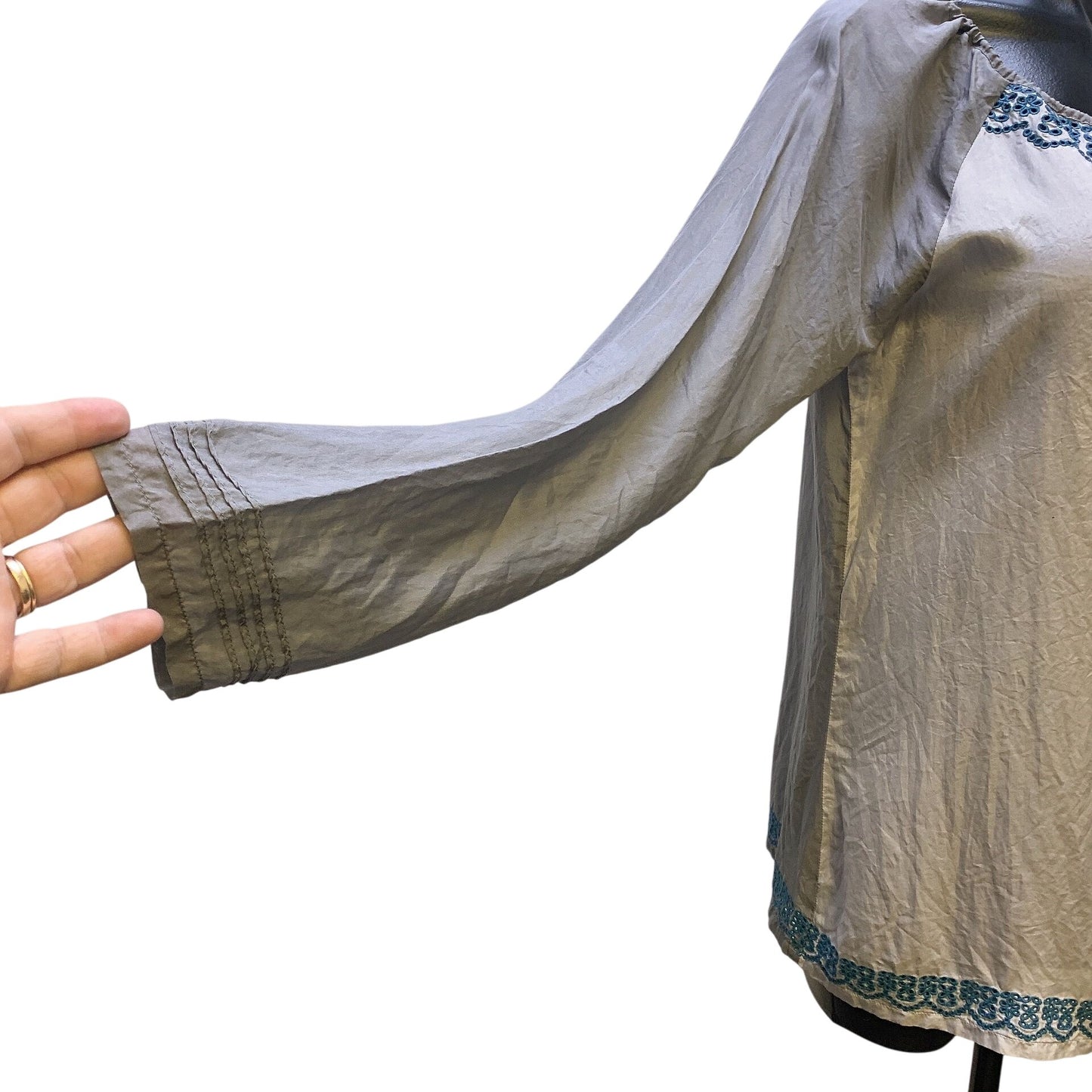 Johnny Was Grey & Multicolored Print Silk Blouse, Size Small