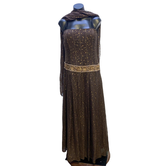 Kay Unger Brown & Gold 2 PC Embellished, Strapless Gown & Scarf Set Size 14