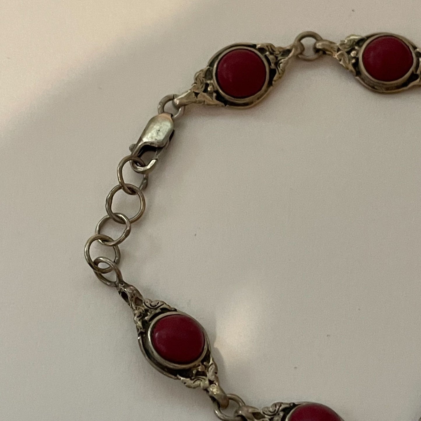 .925 Silver Red Stones Link Bracelet Medium