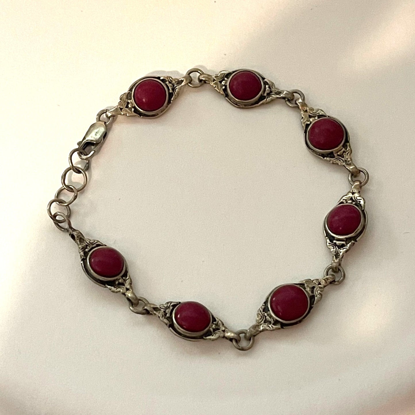 .925 Silver Red Stones Link Bracelet Medium