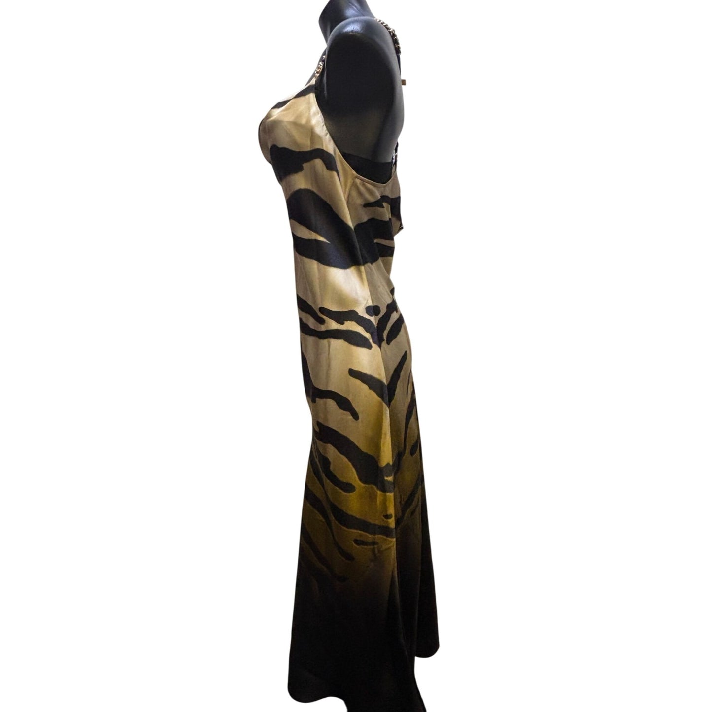 Camilla Tiger Print Satin Maxi Dress With Chain Straps & Embellishments XXL
