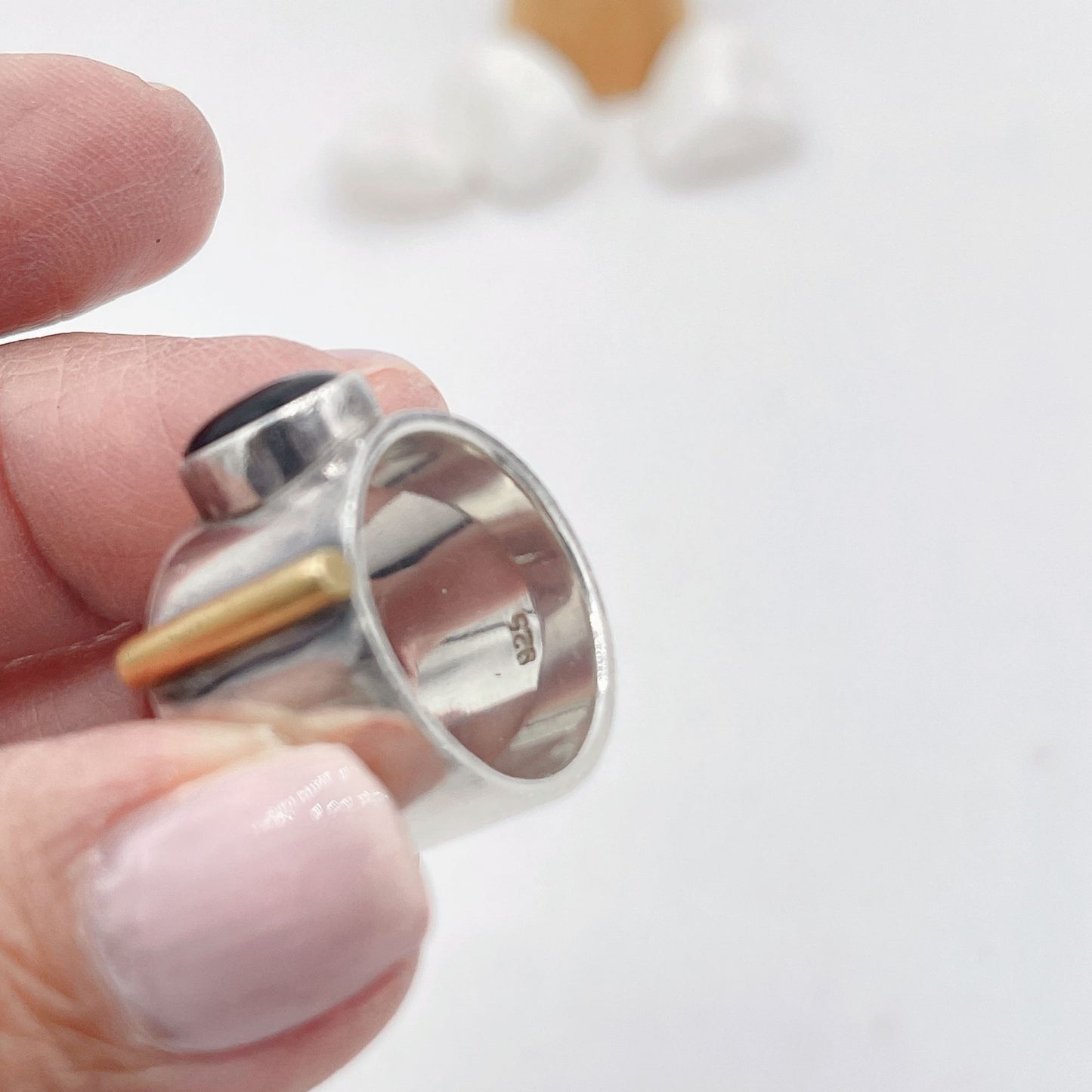 Onyx Stone Silver Gold Trim 925 Silver Ring size 7