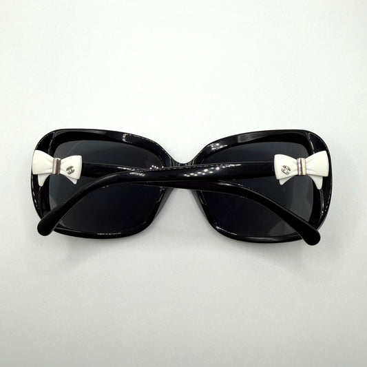 Chanel Ribbon Coco Black Oversized Sunglasses With White Bow Accent
