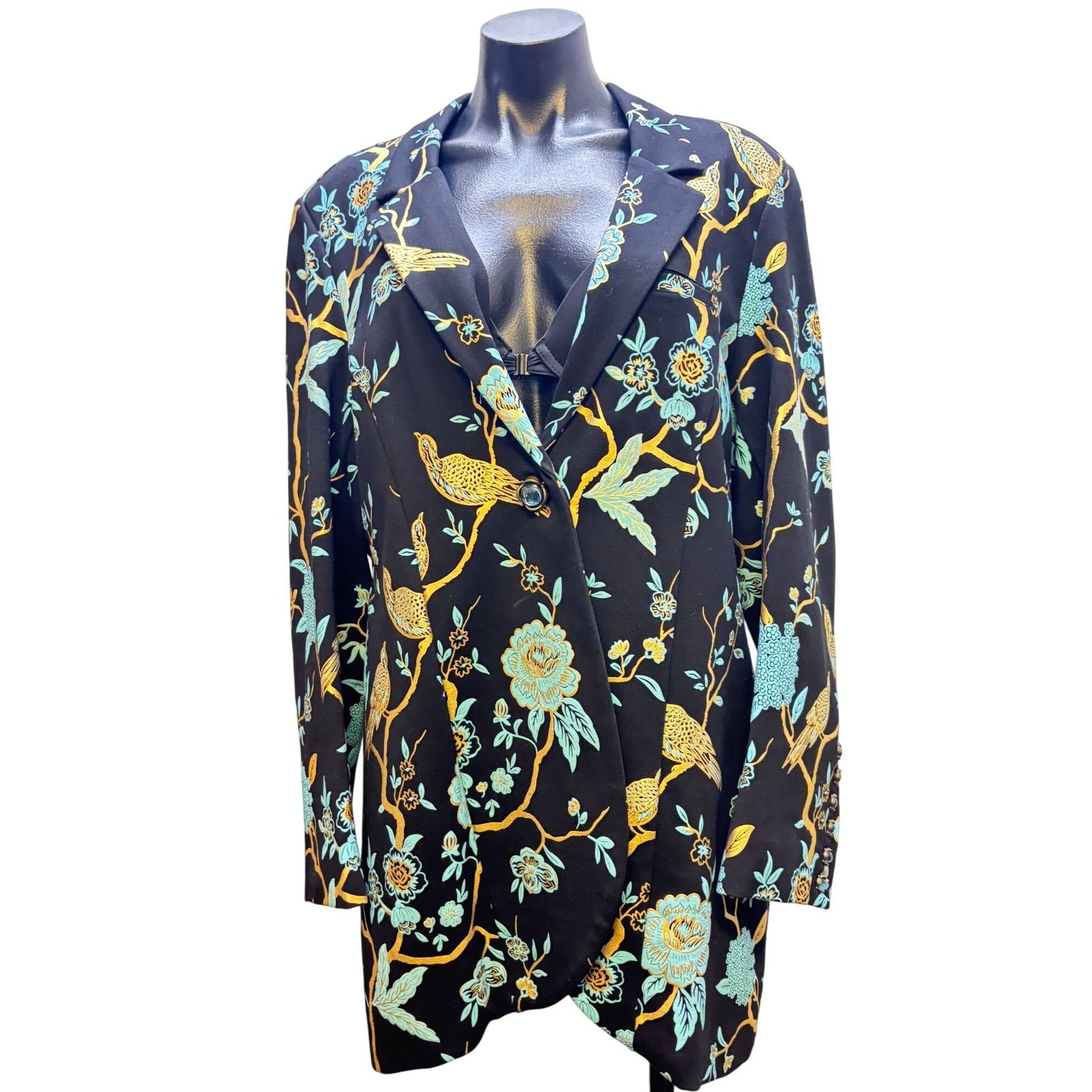 Soft Surroundings Black Floral Bird Print Long Blazer Jacket 1X