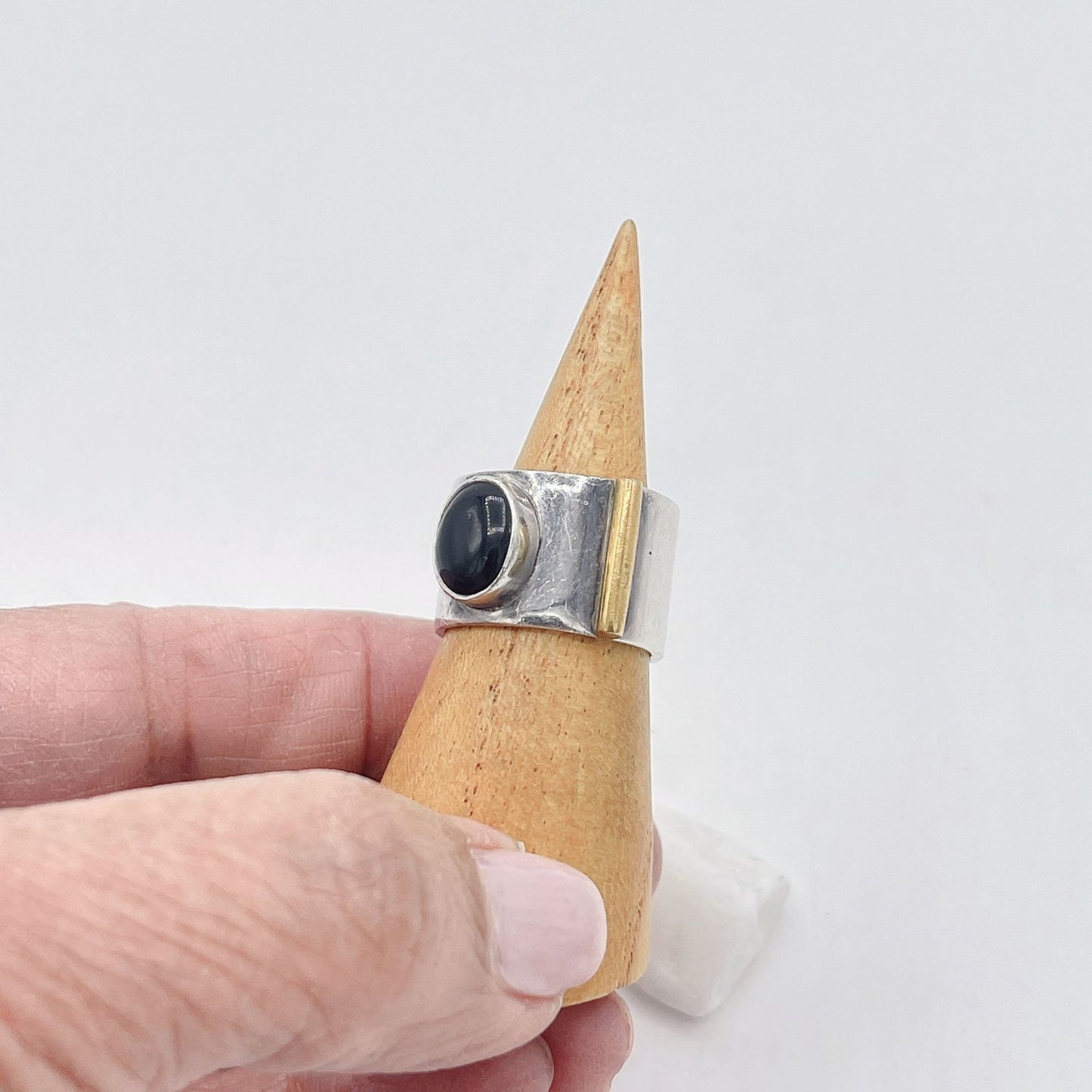 Onyx Stone Silver Gold Trim 925 Silver Ring size 7