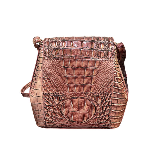 Brahmin Croc-Embossed Leather Shoulder Bag Deep Rose With Adjustable Strap