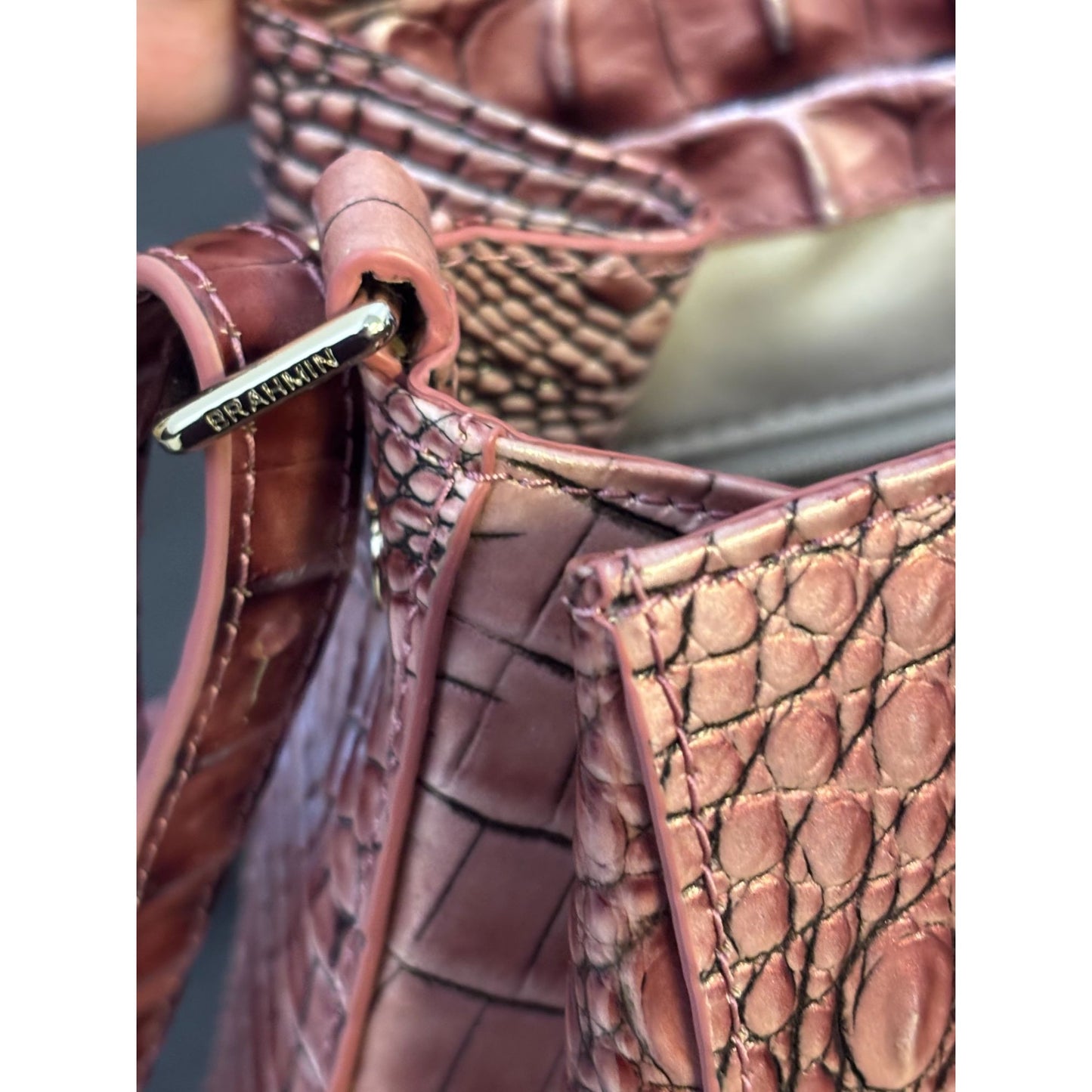 Brahmin Croc-Embossed Leather Shoulder Bag Deep Rose With Adjustable Strap