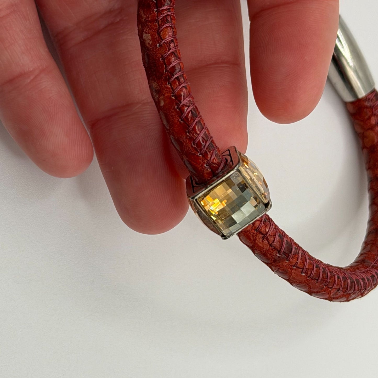 Brighton Red Leather Bracelet With Crystal Bead Accent Magnetic Clasp