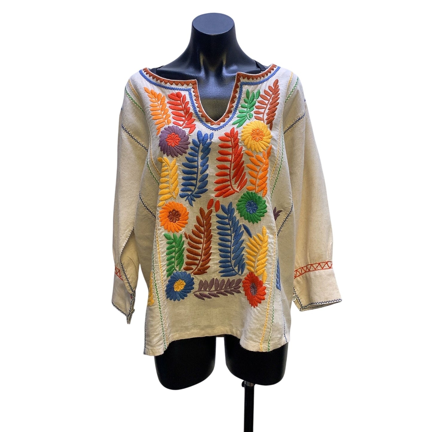 Sister Mary Embroidered Linen Beige Tunic Blouse w/Floral Design Size M