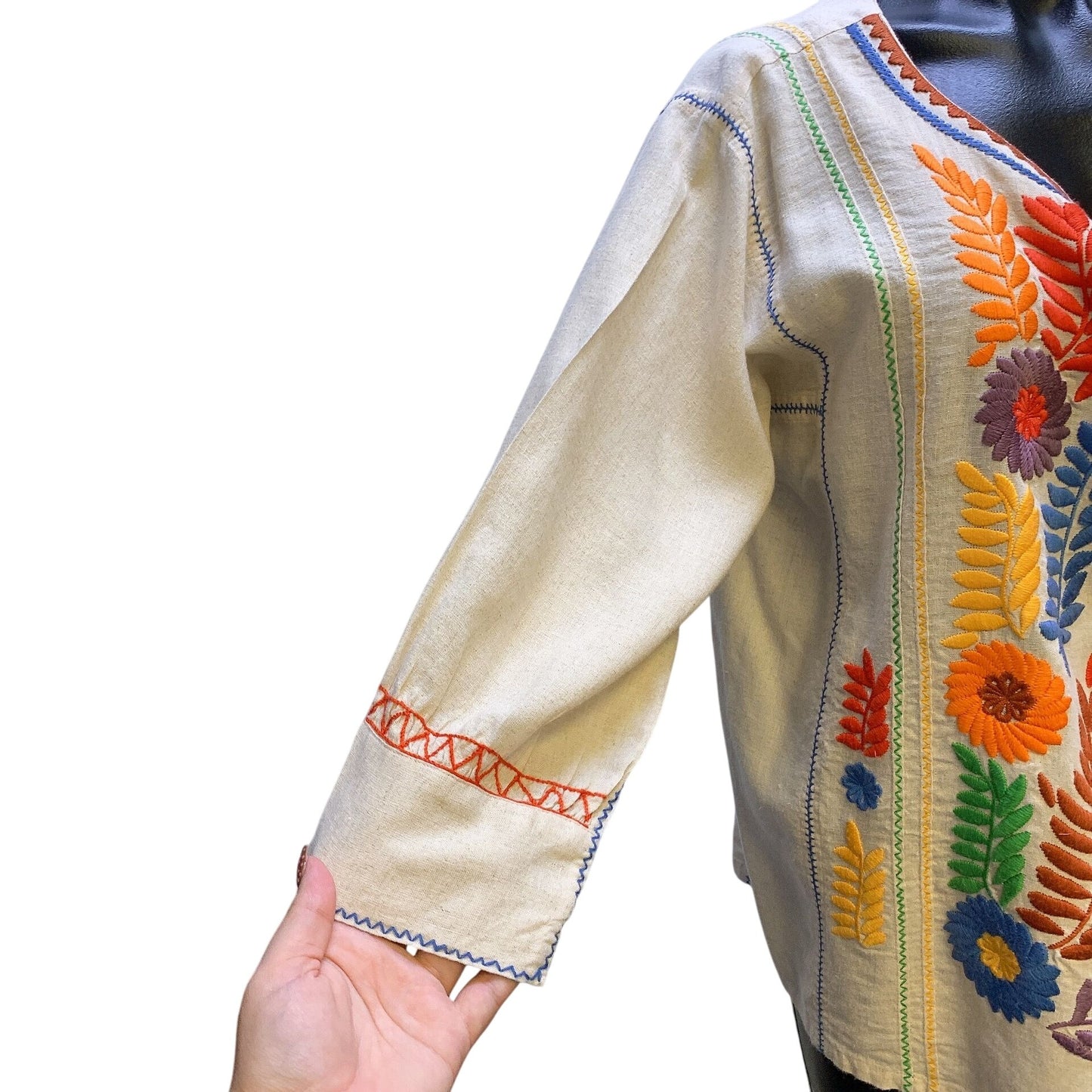 Sister Mary Embroidered Linen Beige Tunic Blouse w/Floral Design Size M