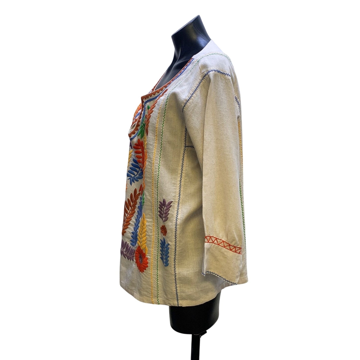 Sister Mary Embroidered Linen Beige Tunic Blouse w/Floral Design Size M