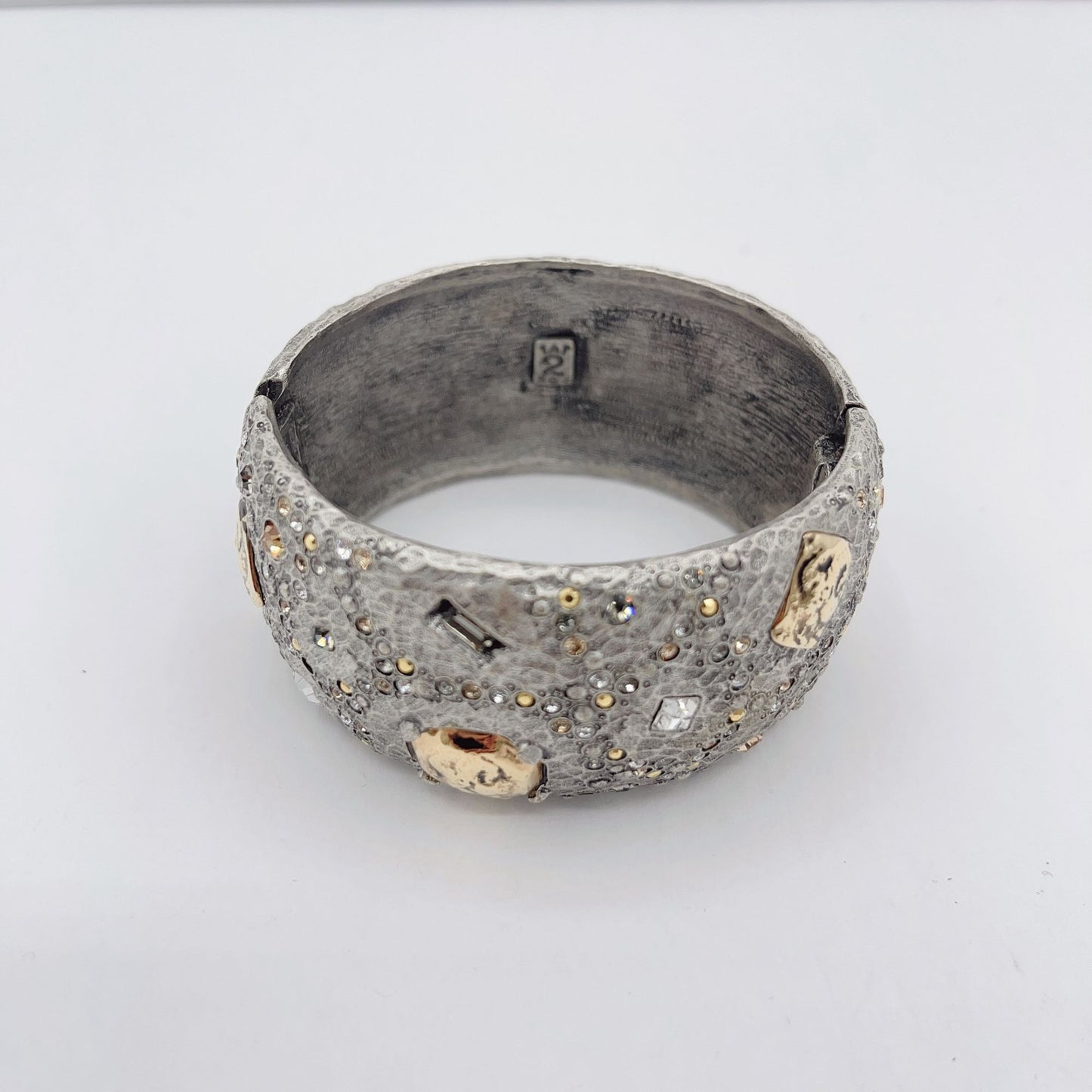 Tat2 Silver Tone Hammered Crystal Rhinestone Cuff Hinged Bangle Bracelet