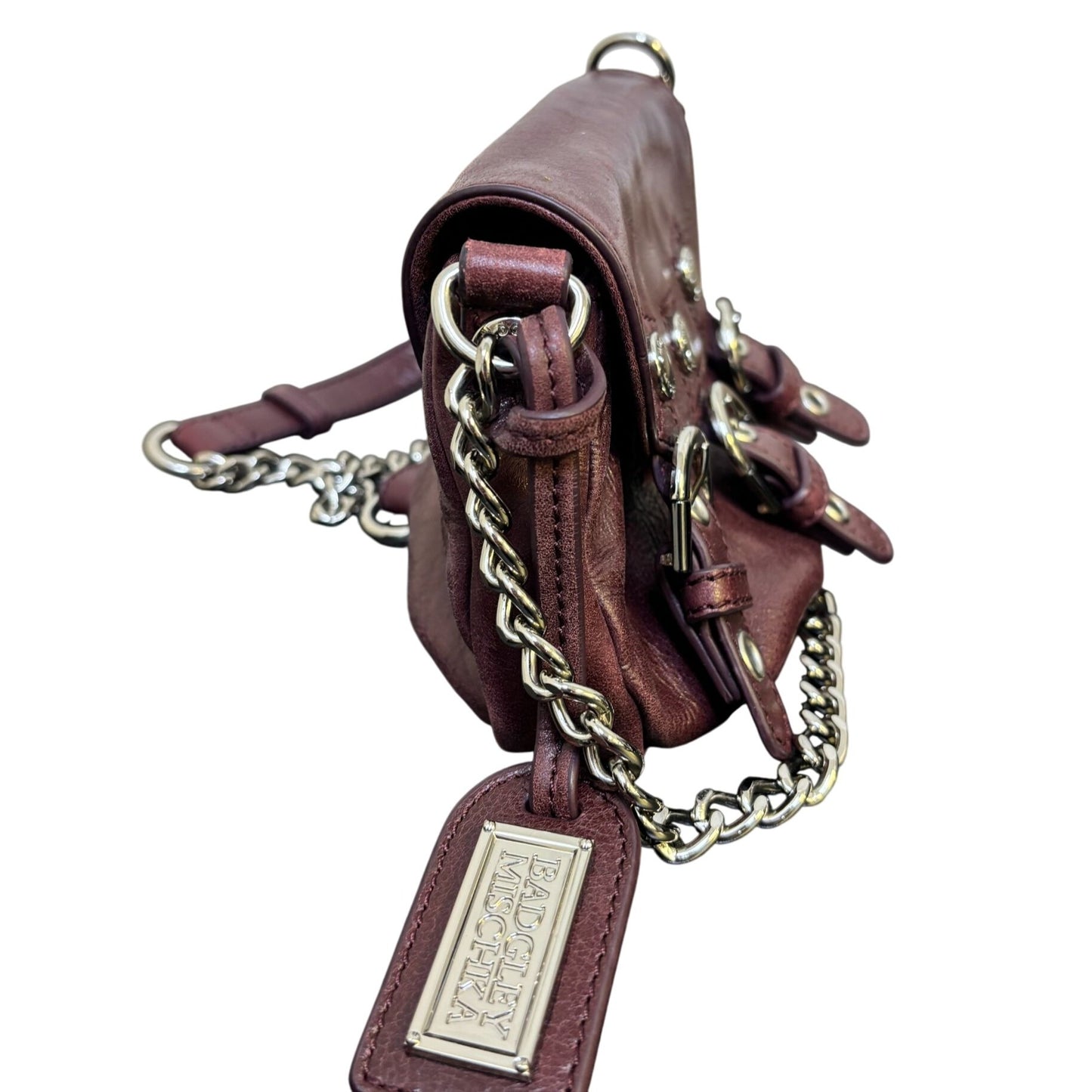 Badgley Mischka Crossbody Purse Wine Leather Chain Strap S