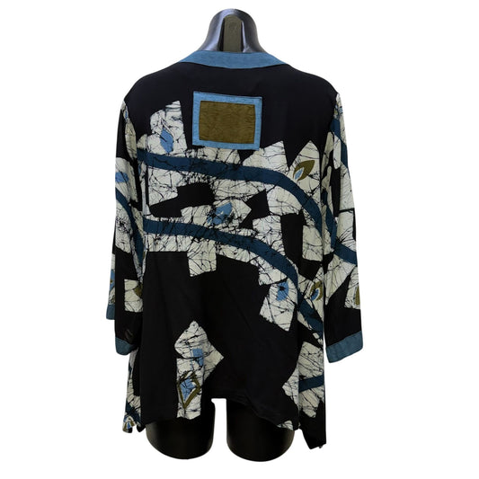 Lyng Black & Blue Abstract Button-Front Rayon Blouse With 3/4 Sleeves S