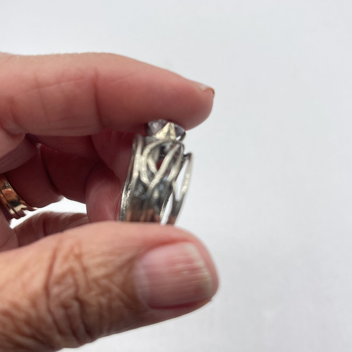 Handcrafted 925 Silver Ring With Large Clear Gemstone Intricate Band Design Size 9