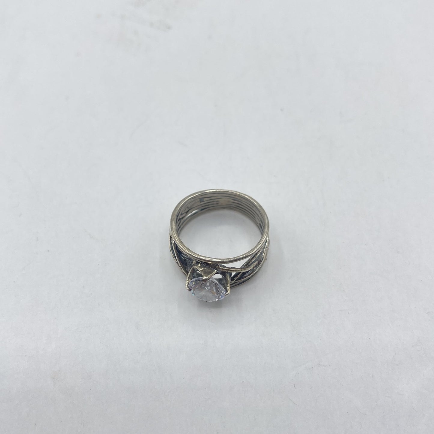 Handcrafted 925 Silver Ring With Large Clear Gemstone Intricate Band Design Size 9