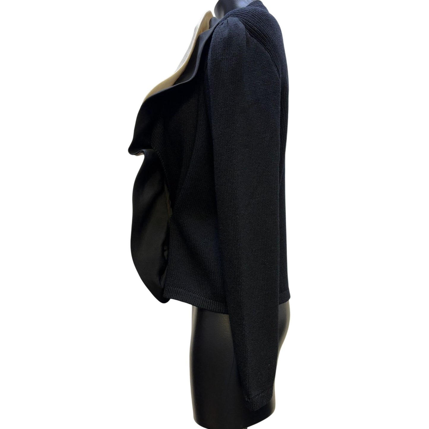 St John Couture Black Wool & Leather Ruffle Accent Sweater Blouse S