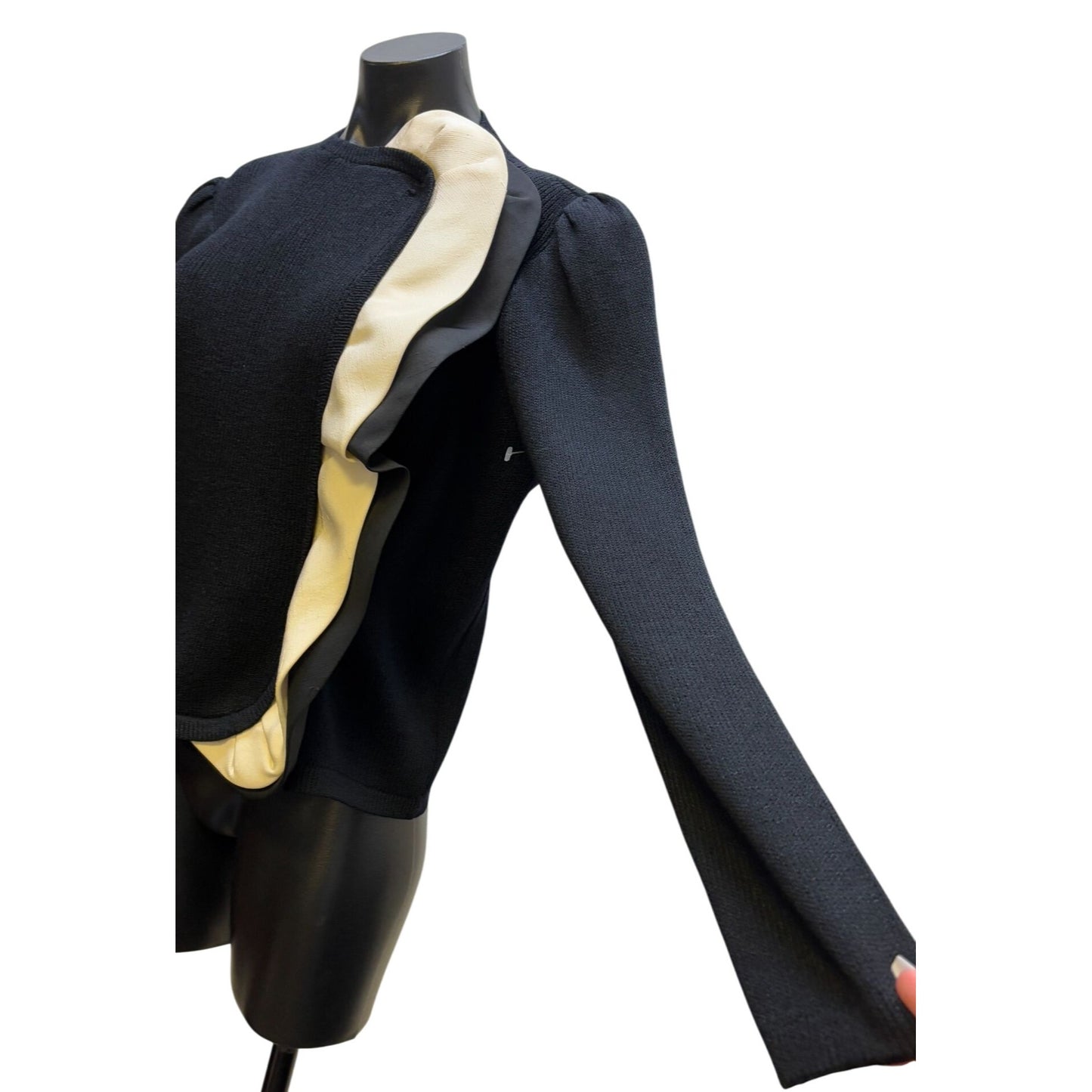 St John Couture Black Wool & Leather Ruffle Accent Sweater Blouse S