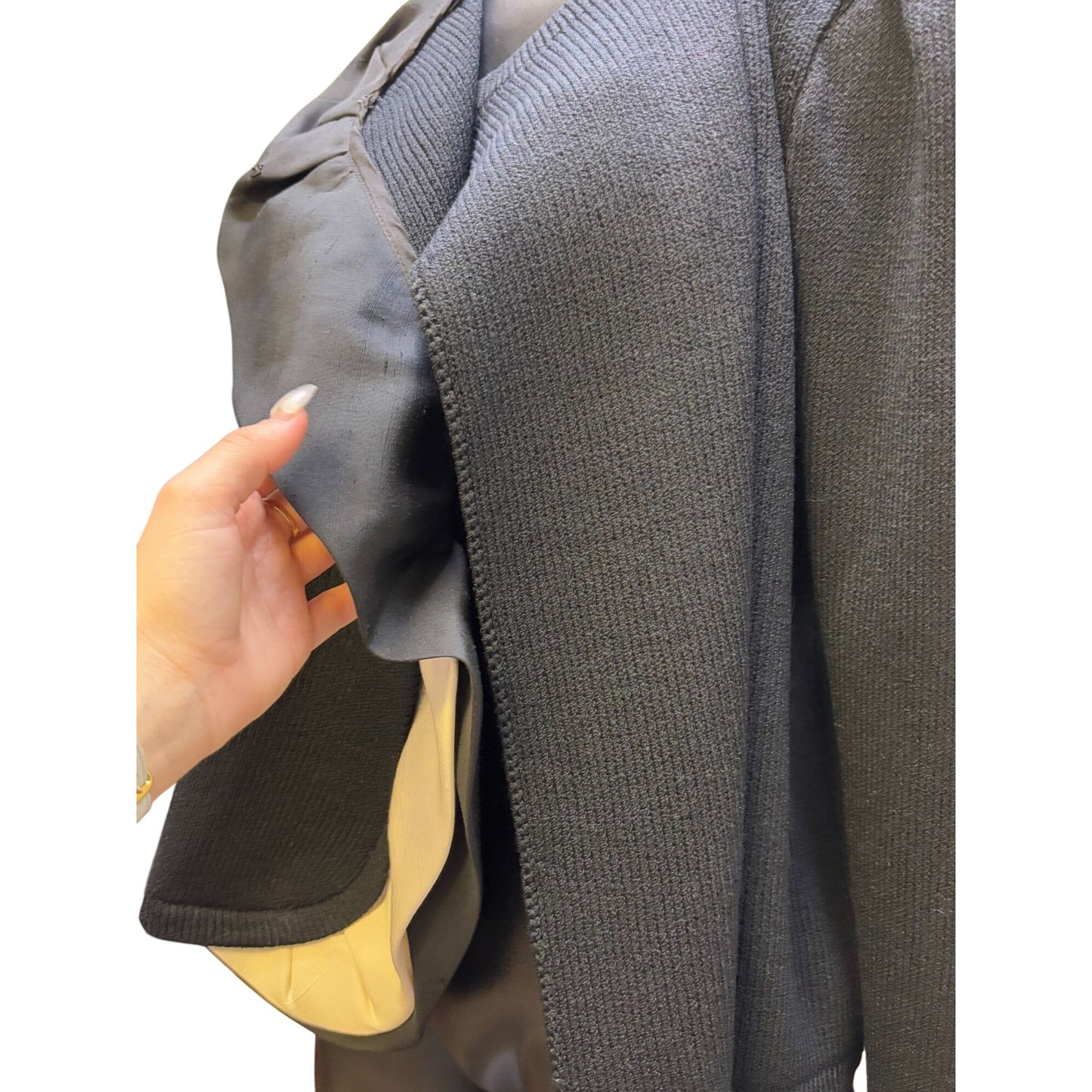 St John Couture Black Wool & Leather Ruffle Accent Sweater Blouse S