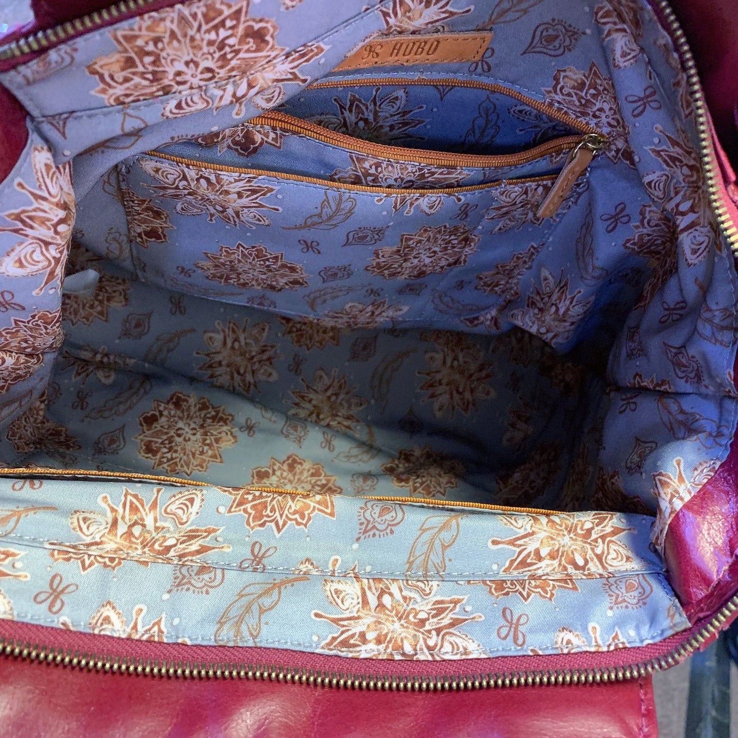 Hobo Wine Leather Shoulder Bag With Floral Interior