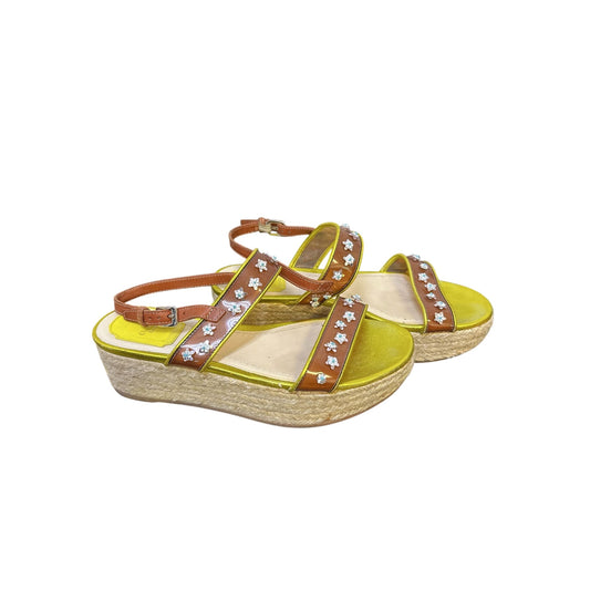 Christian Dior Yellow & Brown Floral Espadrille Wedge Sandals Size 7.5