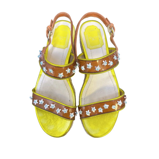 Christian Dior Yellow & Brown Floral Espadrille Wedge Sandals Size 7.5