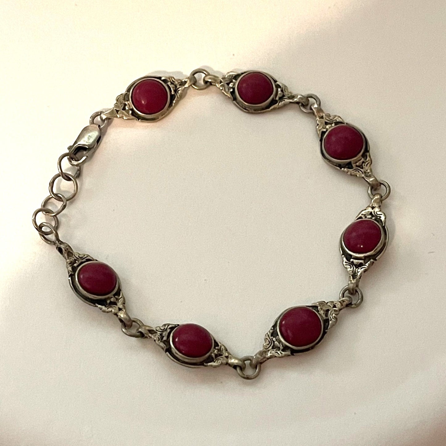 .925 Silver Red Stones Link Bracelet Medium