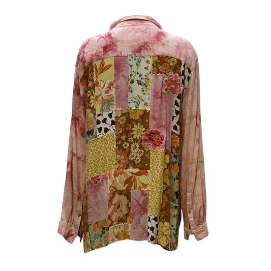 John Mark Pink Tie-Dye Button-Up Blouse W/ Floral Patchwork Back XL