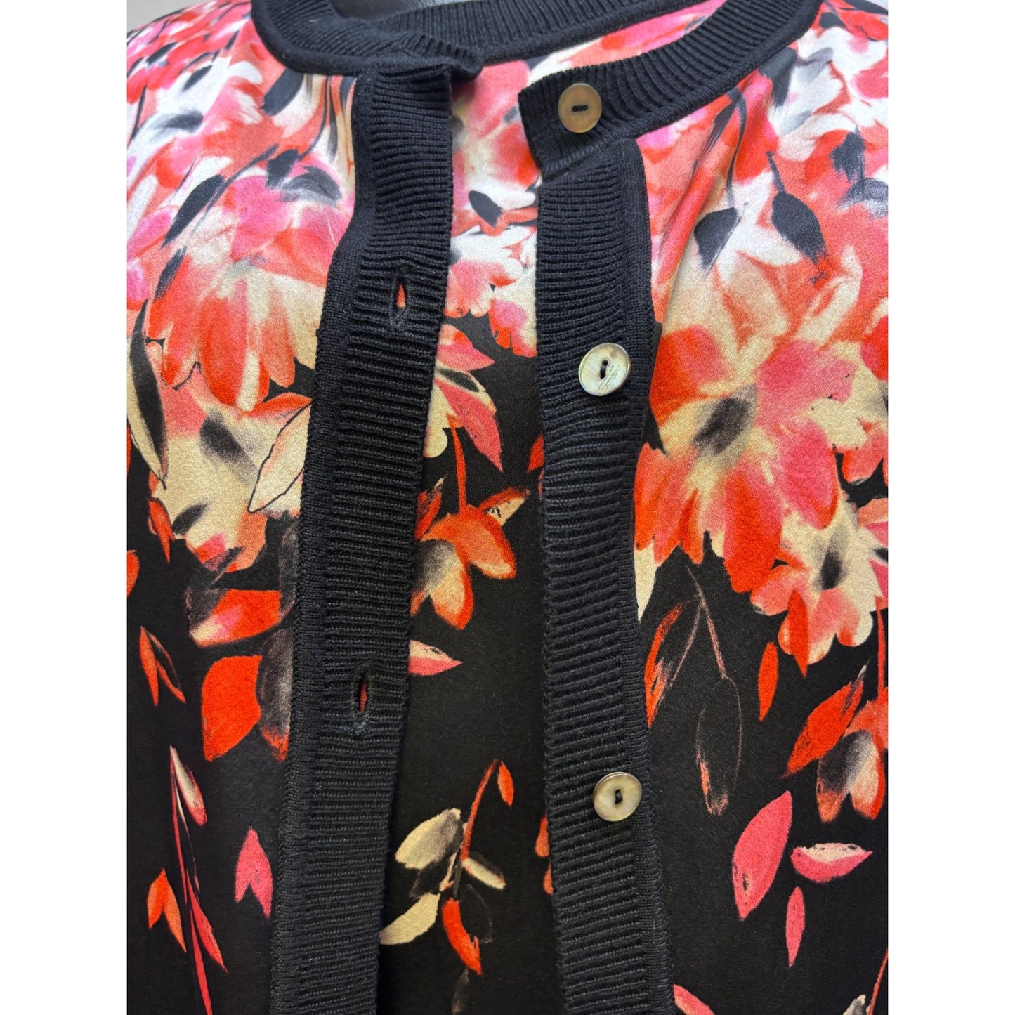 St. John Twin Sweater Set Black & Red Floral Print S/M 2p