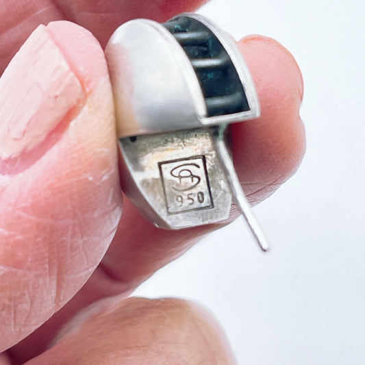 Sterling Silver 950 SA Post Earrings With Unique Open-Segment Design & Black Inlay