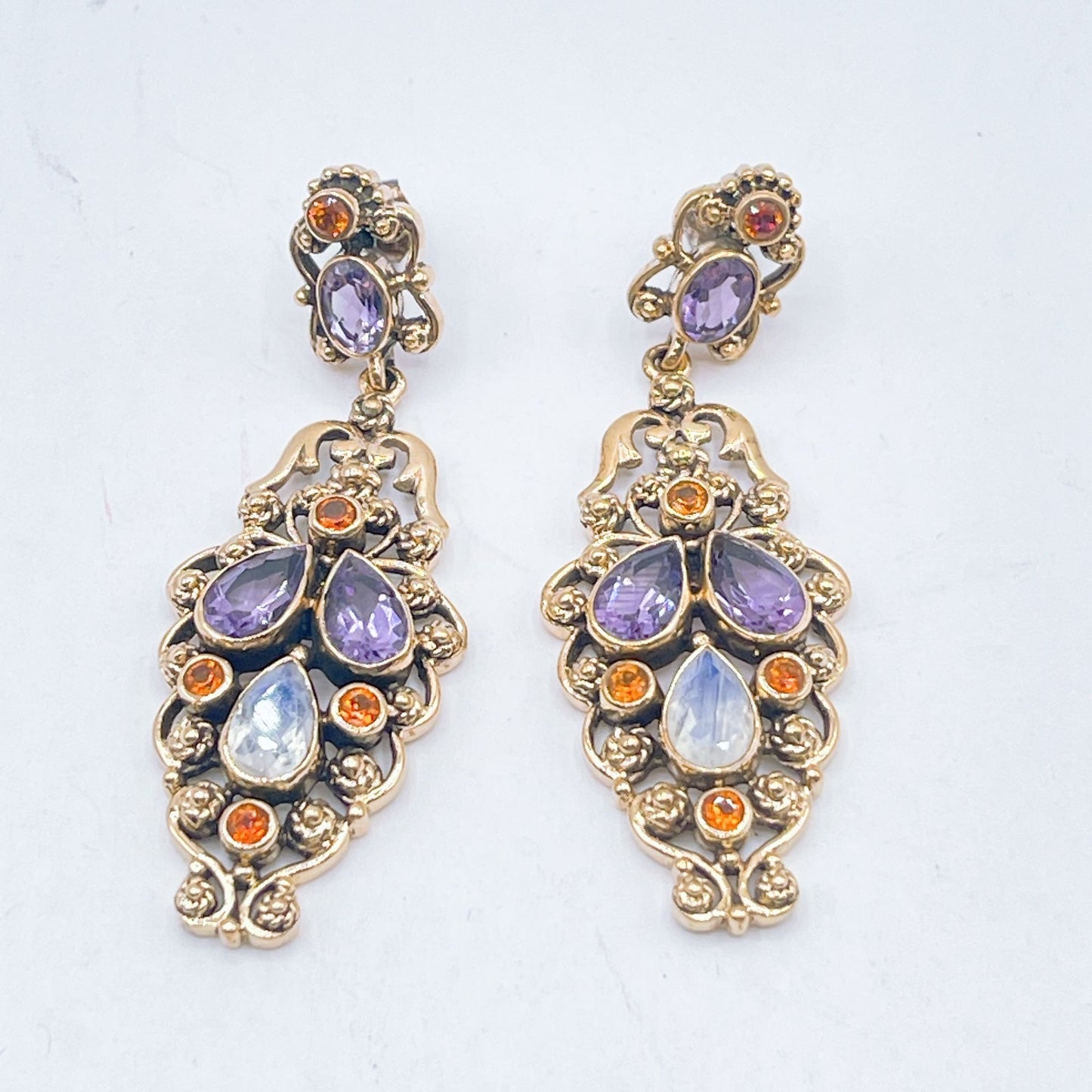 Nicky Butler Gold Tone Earrings Precious Stones Amethyst & Moonstone