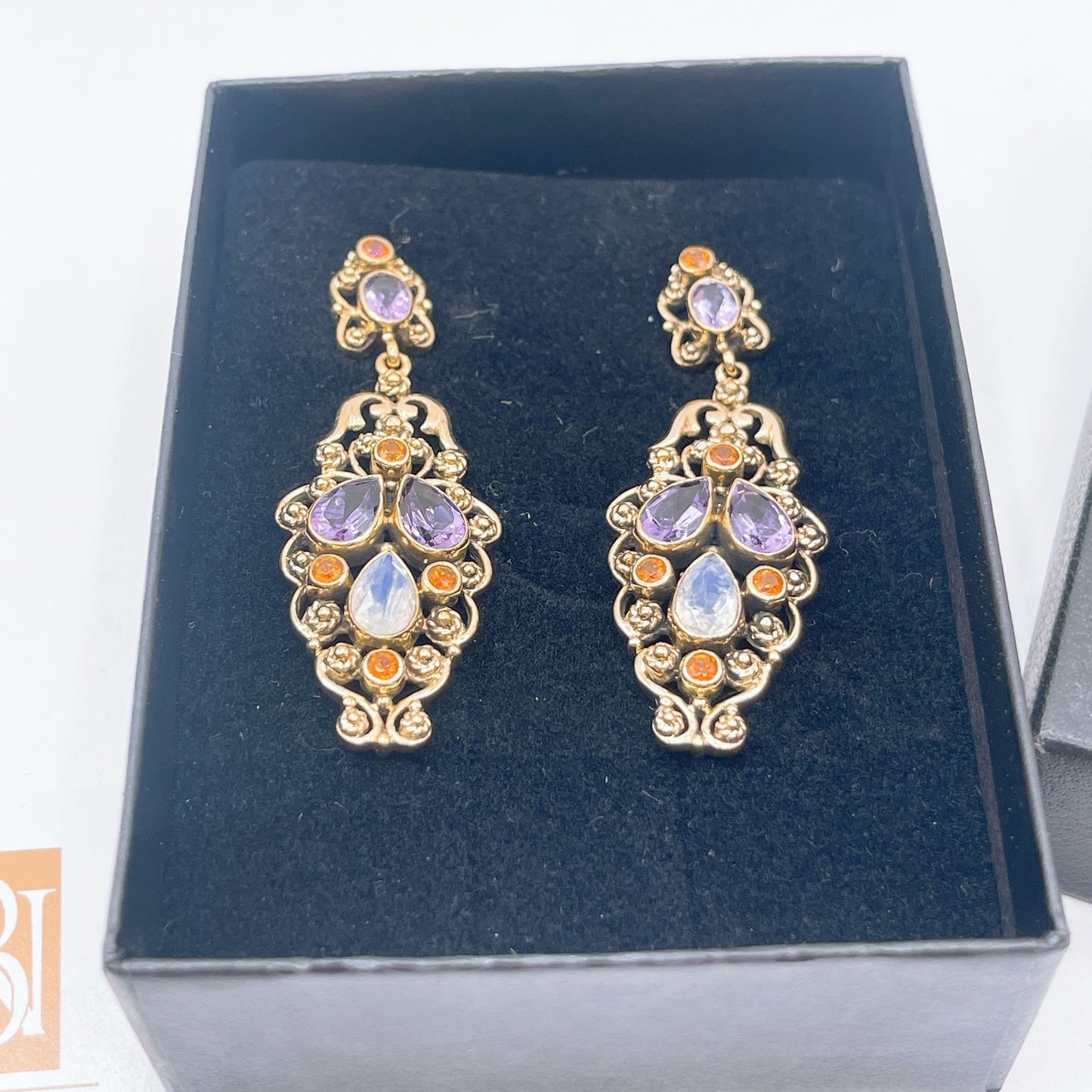Nicky Butler Gold Tone Earrings Precious Stones Amethyst & Moonstone