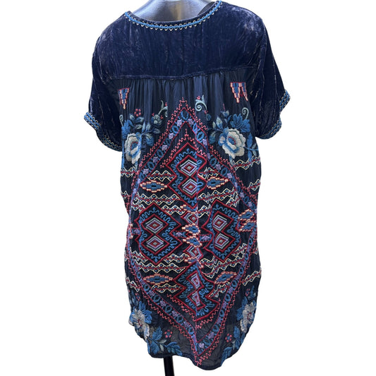 Johnny Was Blue Velvet Embroidered Pullover Tunic Top M