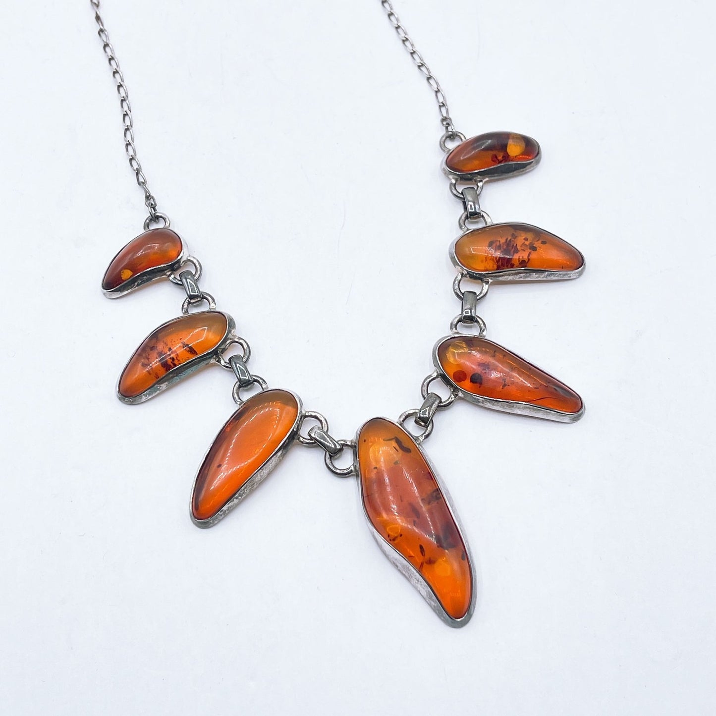 Vintage Silver Necklace With Polished 7 Amber Teardrop Stones