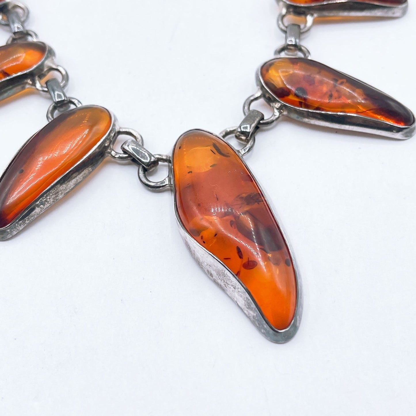 Vintage Silver Necklace With Polished 7 Amber Teardrop Stones