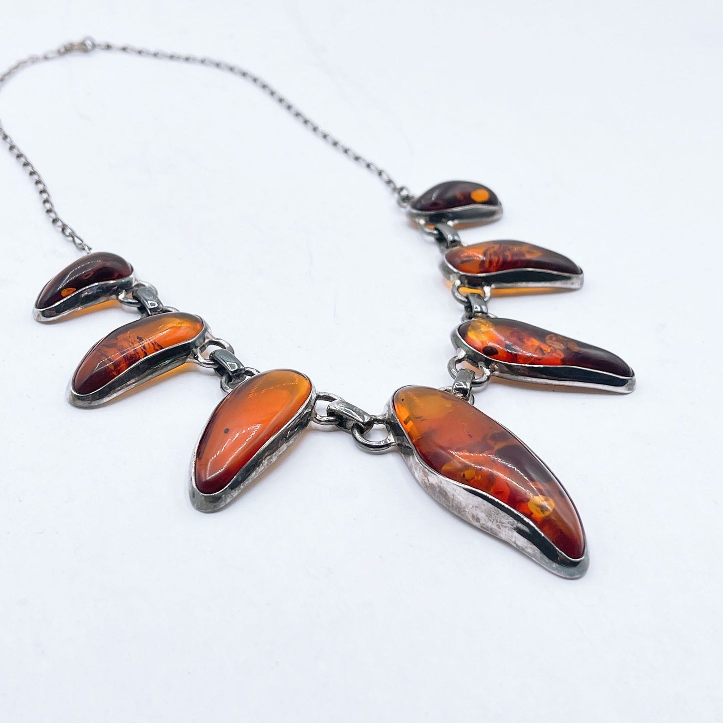 Vintage Silver Necklace With Polished 7 Amber Teardrop Stones