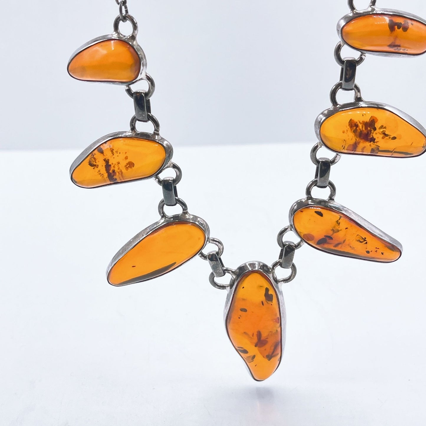 Vintage Silver Necklace With Polished 7 Amber Teardrop Stones