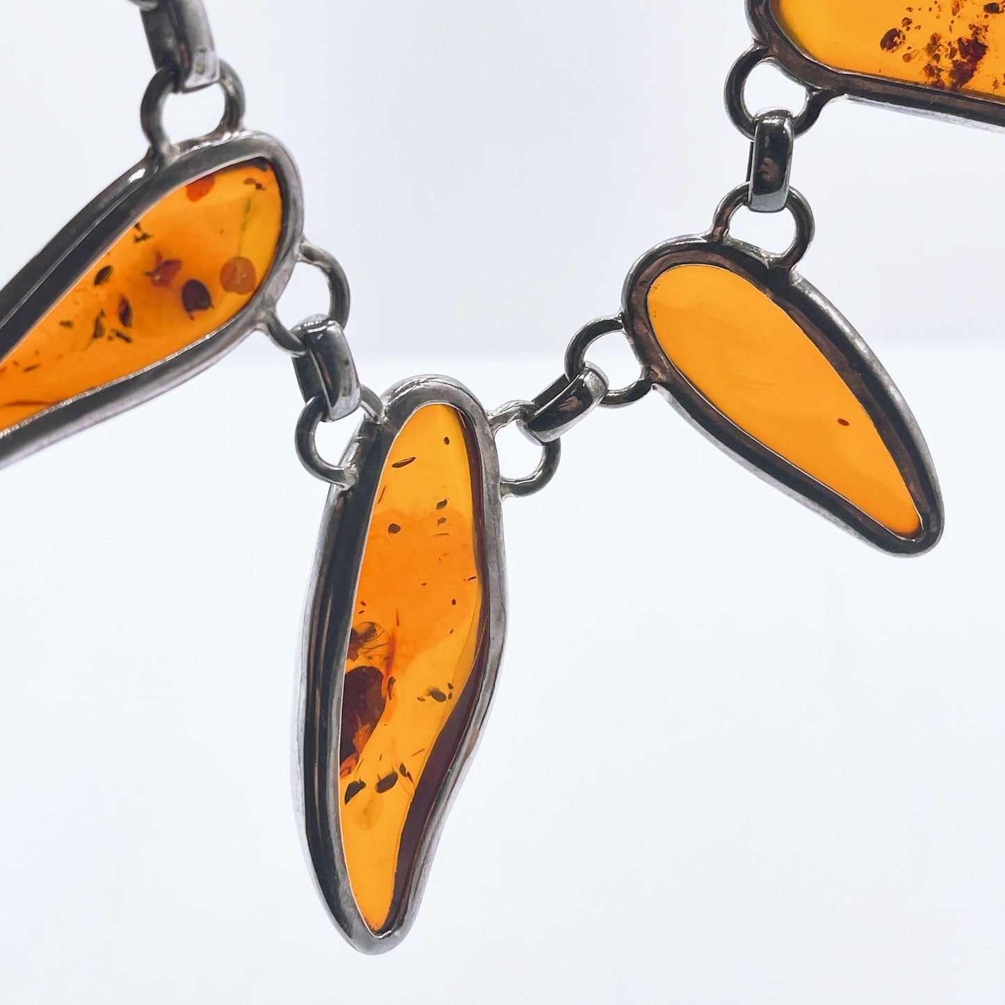 Vintage Silver Necklace With Polished 7 Amber Teardrop Stones