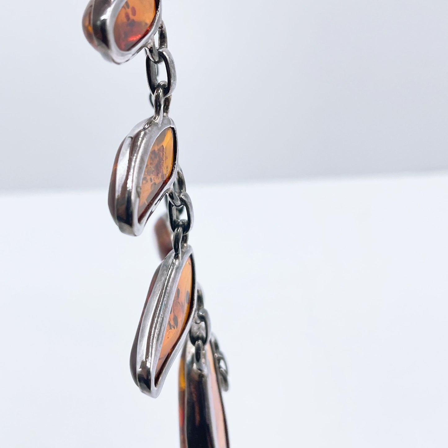 Vintage Silver Necklace With Polished 7 Amber Teardrop Stones